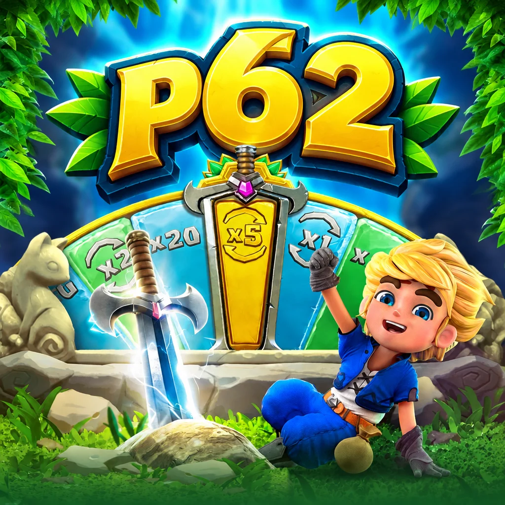 โลโก้ p62 พร้อมตัวละครนักผจญภัยและดาบศักดิ์สิทธิ์จาก Gem Saviour Sword