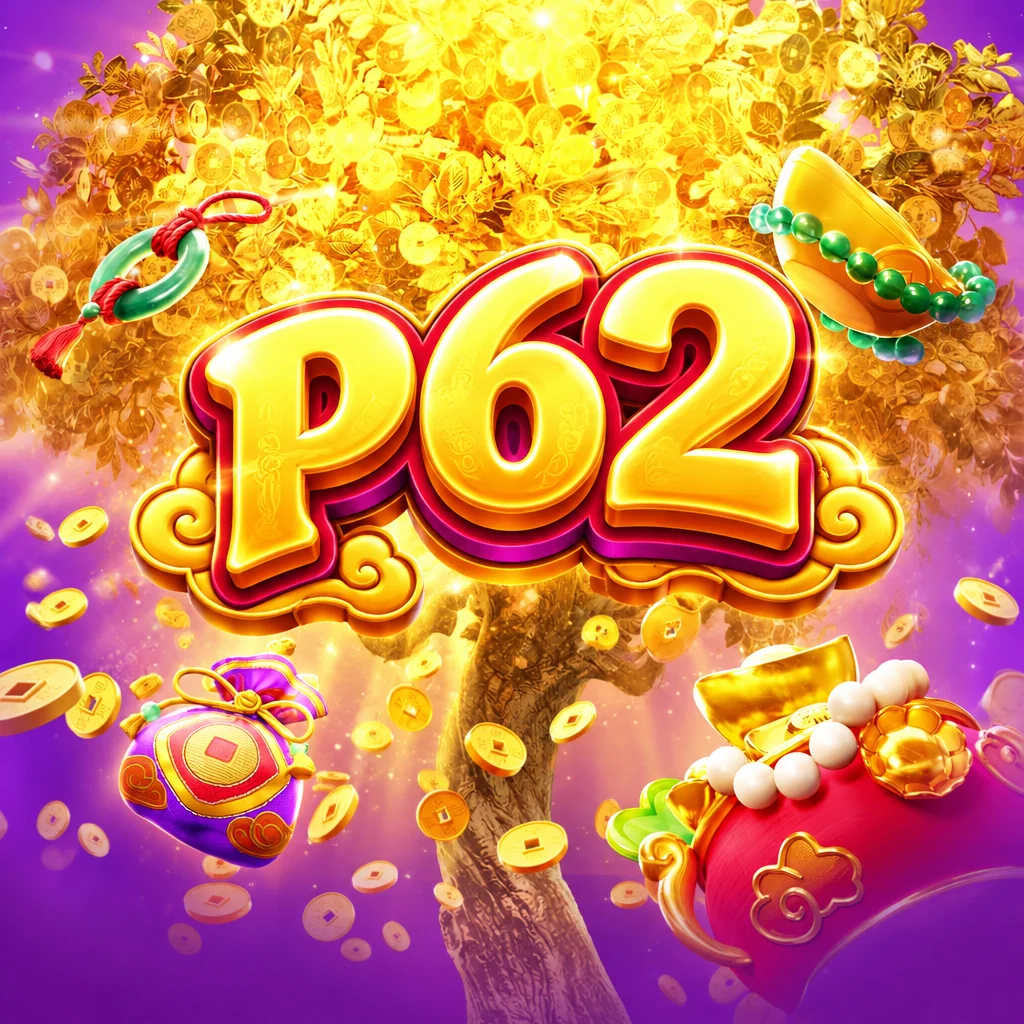 โลโก้ p62 บนภาพธีมต้นไม้ทองคำและถุงเหรียญมงคลจาก Prosper Fortune Tree